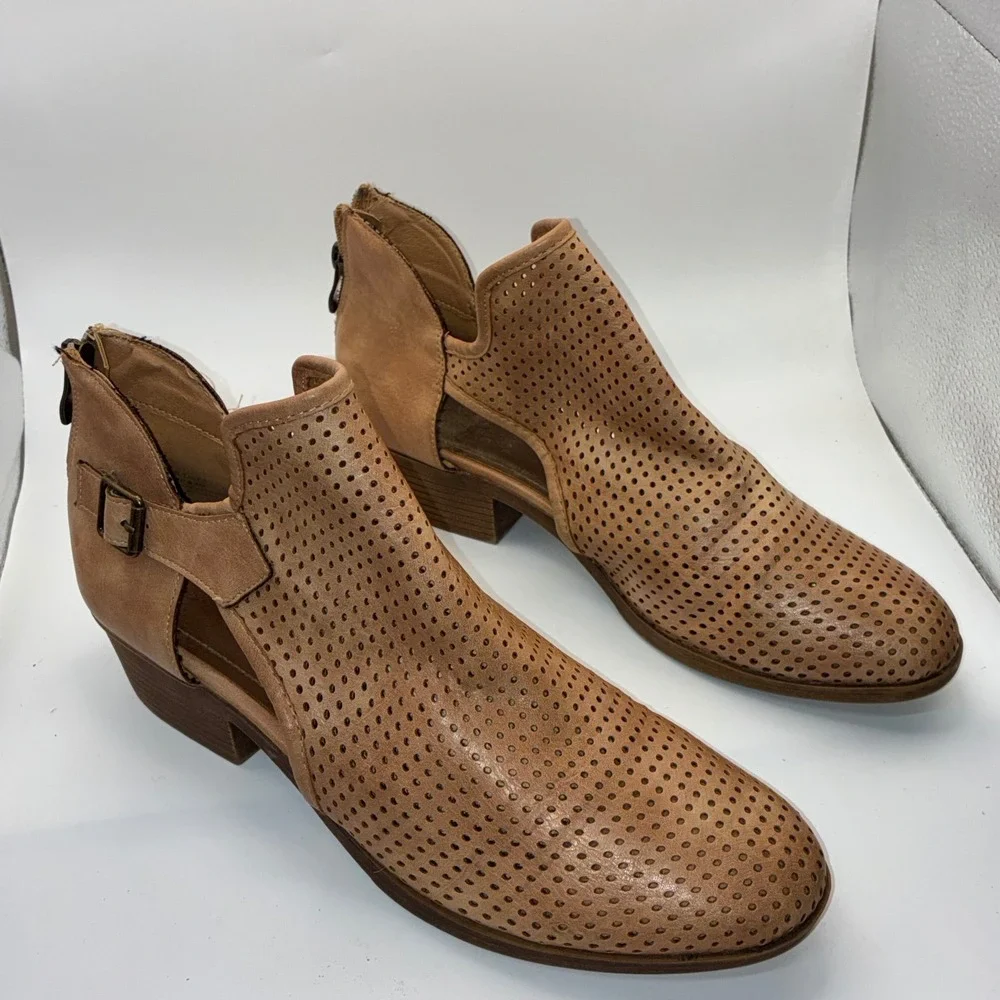 Tan Perforated Leather‎ Cut Out Ankle Booties with Buckle and Back Zip Size 8.5
